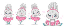 Vector Illustration Of A Cute Baby  Bunny Ballerina In Pink Tutu With Crown.