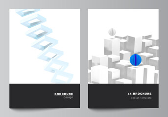 Poster - Vector layout of A4 cover mockups templates for brochure, flyer layout, booklet, cover design, book design. 3d render vector composition with dynamic realistic geometric blue shapes in motion.