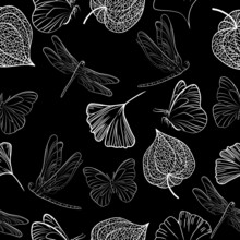 Hand Drawn Of Outline Physalis Fruit, Butterfly, Dragonfly, Ginkgo Leaf. Vector Seamless Pattern Illustration