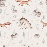 Fototapeta Dziecięca - Watercolor Woodland animal Scandinavian seamless pattern. Fabric wallpaper background with Owl, hedgehog, fox and butterfly, rabbit forest squirrel and chipmunk, bear and bird baby animal,