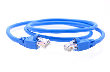 blue LAN cable that is coiled in a circle on white background closeup