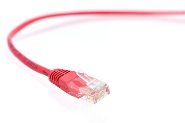 red LAN cable on white background closeup