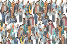 Watercolor Hand-drawn Illustration Of A Meeting Of Praying People, The Apostles In Prayer, Thanksgiving To The Lord. Decorative Background For Christian Publications, Design Of Banners, Postcards