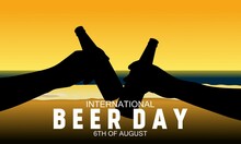 Silhouette Illustration Of Two Hands Toasting Beer Bottles At Sunset On The Beach, International Beer Day Theme. Vector Illustration. 