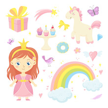 Cute Fairytale Set With Little Princess, Baby Unicorn, Rainbow, Cupcakes, Gift And Other Magic Elements