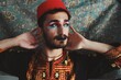 Portrait of queer young man with full face drag makeup & turkish anatolian ottoman traditional clothing with authentic patterns background *3