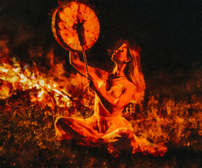 Poster - beautiful shamanic girl playing on shaman frame drum in the nature. Painting effect.