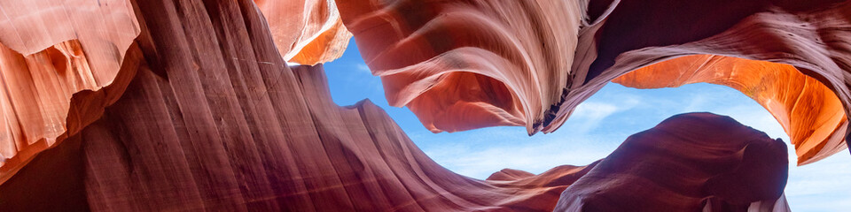 Wall Mural - Abstract panoramic background of Antelope Canyon, Arizona near Page, USA. Background and travel concept. 