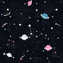 Canvas Print - Hand drawn space galaxy vector seamless pattern.