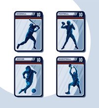Set Of Four Sport Card. Baseball, Football, Soccer, And Basketball.