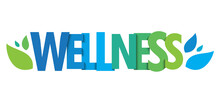 WELLNESS Green And Blue Vector Typography Banner With Leaves On White Background