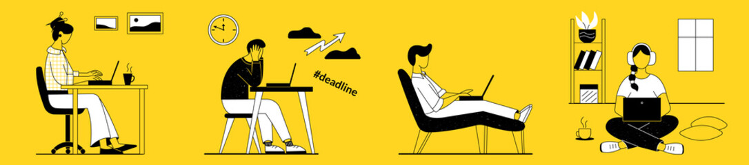 Men and women work, study on a laptop at home remotely online. They sit in a chair, legs stretched out, on the floor, at a table. Deadline. Linear style
