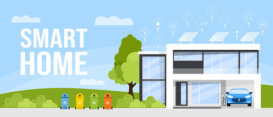 Eco friendly, smart house concept. Modern house  exterior with solar panels on the roof and electric car charger in the garage. Flat style vector illustration. Smart home front view. Web banner

