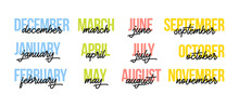 12 Month. Lettering Months Of The Year. Vector Illustration