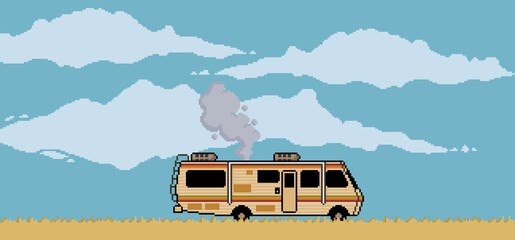 Pixel art background with desert trailer and cloudy sky scene for 8bit game
