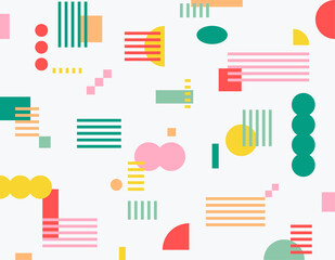 Wall Mural - striped squares and circular shapes scattered in various sizes on a white background. simple pattern