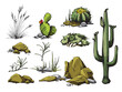 Vector set of dessert elements - succulents, stones and cactuses with flowers.