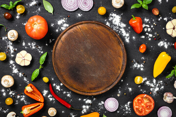 Aufkleber - Round vintage cutting board with ingredients for cooking Italian homemade pizza on black stone background, top view
