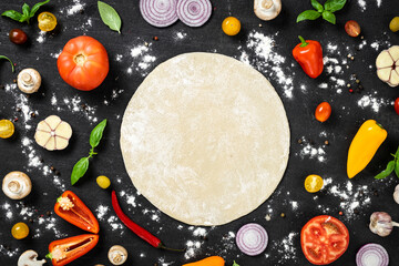 Poster - Fresh round dough with various ingredients for cooking homemade italian pizza on black background, top view flat lay