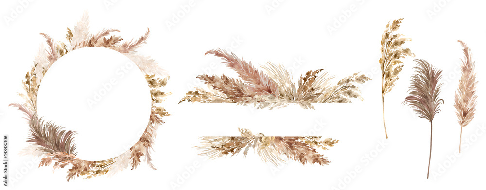 Pampas grass wreath, border painted with watercolor. Boho dried grass neutral colors set. Botanical nature design isolated on white. Bohemian style wedding invitation, greeting, card, postcard,  - obrazy, fototapety, plakaty 