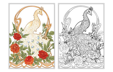 Wall Mural - Poster with peacock and roses in art nouveau style, vintage, old, retro style. In Art deco style. Page for the adult coloring book with colored sample. Outline hand drawing vector illustration. .