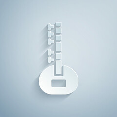 Sticker - Paper cut Sitar classical music instrument icon isolated on grey background. Paper art style. Vector