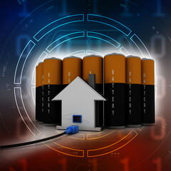 Poster - 3d rendering Network connection, internet communication and computer technology concept, closeup view of curved ethernet cable plug connector connected house near battery
