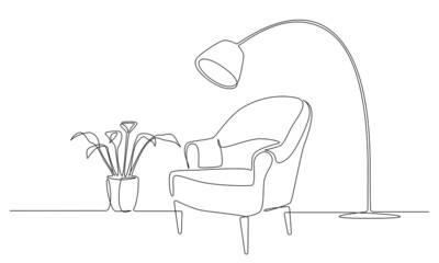 Wall Mural - Continuous one line drawing of armchair with lamp and plant. Scandinavian stylish furniture in simple Linear style. Doodle vector illustration
