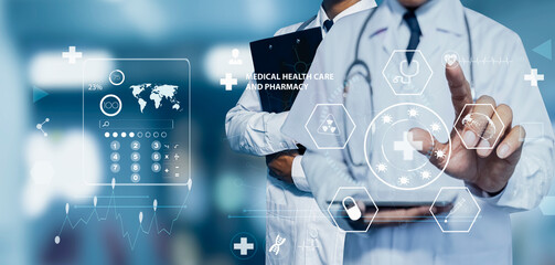 Medicine doctor using digital healthcare and network connection on hologram modern virtual screen interface icons, Medical technology futuristic concept.
