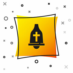 Sticker - Black Church bell icon isolated on white background. Alarm symbol, service bell, handbell sign, notification symbol. Yellow square button. Vector