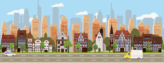 Wall Mural - City landscape seamless horizontal illustration. Cityscape skyscrappers, historical, suburban houses, downtown. Vector cartoon style