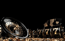Roulette Wheel, Slot Machine, Four Aces Casino Chips And Coins, Modern Black And Golden Isolated On The Black Background. Empty Space For Logo Or Text  - 3D Illustration	
