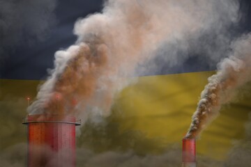 Wall Mural - heavy smoke of industry pipes on Ukraine flag - global warming concept, background with space for your text - industrial 3D illustration