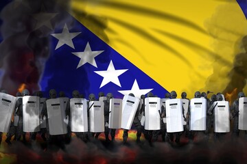 Bosnia and Herzegovina protest stopping concept, police special forces in heavy smoke and fire protecting order against disorder - military 3D Illustration on flag background