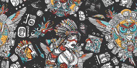 Native American Indian. Tribal culture and history. Old school tattoo style. Ethnic warrior girl, shamanic female, dream catcher, owl and old cherokee shaman. Seamless pattern