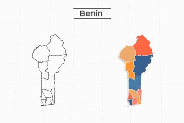Wall Mural - Benin map city vector divided by colorful outline simplicity style. Have 2 versions, black thin line version and colorful version. Both map were on the white background.