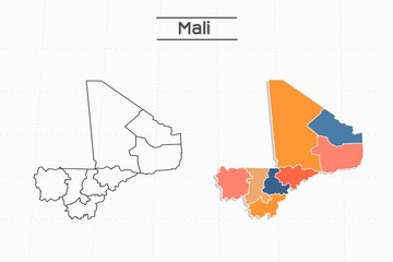 Wall Mural - Mali map city vector divided by colorful outline simplicity style. Have 2 versions, black thin line version and colorful version. Both map were on the white background.
