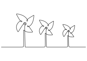 Wall Mural - Continuous one line drawing set windmills or wind turbines hand drawn line art minimalist style isolated on white background. Green ecology energy farm concept. Vector sketch illustration