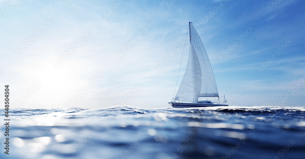 Sailing yacht on the ocean - obrazy, fototapety, plakaty 