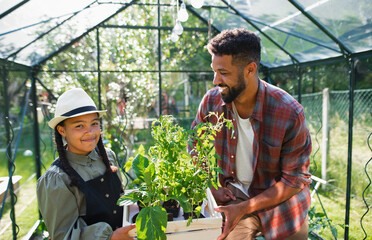 Wall Mural - Happy young brother with small sister working outdoors in backyard, gardening and greenhouse concept.