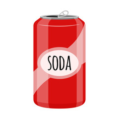 An open red soda can. Sweet soda, fast food, drink, harmful to teeth. Flat cartoon style, isolated on a white background.Color vector illustration