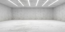 Empty Modern Abstract Concrete Room With Fluorescent Neon Tube Ceiling Lights, Product Presentation Template Background