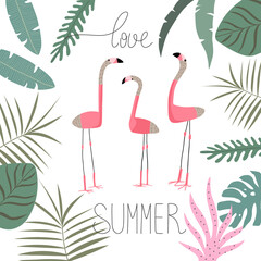 Wall Mural - Summer tropical print with pink flamingos. Cute Exotic Flamingo character. Love summer