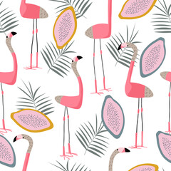 Wall Mural - Summer tropical print with pink flamingos. Cute Exotic Flamingo character. Seamless pattern.