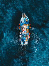 Top View Drone Aerial Photo Of Fisher Boat Sailing Cyprus Mediterranean Sea