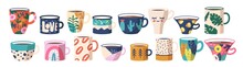 Set Tea Or Coffee Cups. Ceramic Crockery, Various Mugs With Trendy Ornament Cats, Lips, Rainbow And Palm Leaves, Lemon
