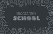 Back to school concept in chalk doodle style on blackboard. Banner template with school supplies frame. Pen, globe, backpack, ruler, book, brush, pencil in a hand-drawn sketch. Vector illustration