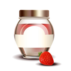 Sticker - Strawberry Sweet Jam In Blank Glass Bottle Vector. Jar With Vitamin Natural Berry Jam. Home Made Sugary Meal In Glassware, Delicacy Healthy Dessert Template Realistic 3d Illustration