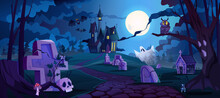 Graveyard And Castle In Distance, Spooky Halloween Night Landscape With Tombstones And Dry Trees, Autumn Cemetery And Scary Scene With Crypts And Skulls. Full Moon Shining Bright. Cartoon Vector