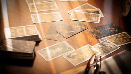 Blurred tarot cards on the table, esoteric concept, fortune telling predictions